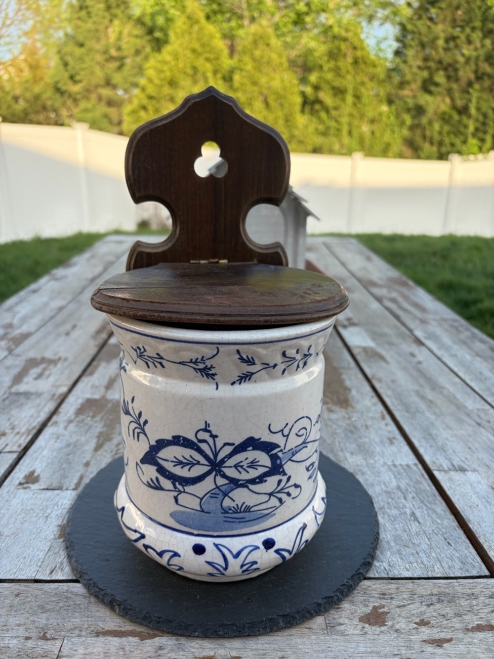 Antique "BLUE ONION" Pottery Wooden Lid Wall Canister Spice Meissen “Salt Box”